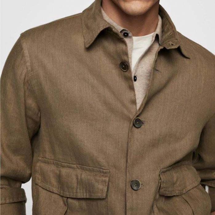 Chaqueta con cuello cl&aacute;sico de mezcla de lino con dise&ntilde;o de logotipo personalizado, manga larga con pu&ntilde;os abotonados, bolsillos, chaquetas para hombre
