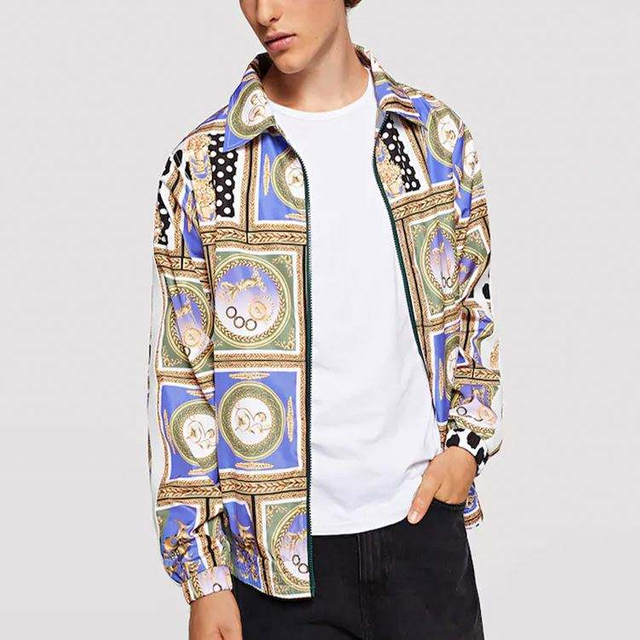 F&eacute;rfi divatos, &uacute;j diz&aacute;jn&uacute;, cipz&aacute;ras patchwork kab&aacute;t, 100% poli&eacute;szter allover print f&eacute;rfikab&aacute;t