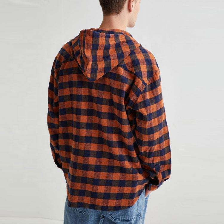 ຜູ້ຜະລິດ OEM Custom Men Hood Cotton Button Up Plaid Checked Pattern Long Sleeve Shirt With Chest Pockets