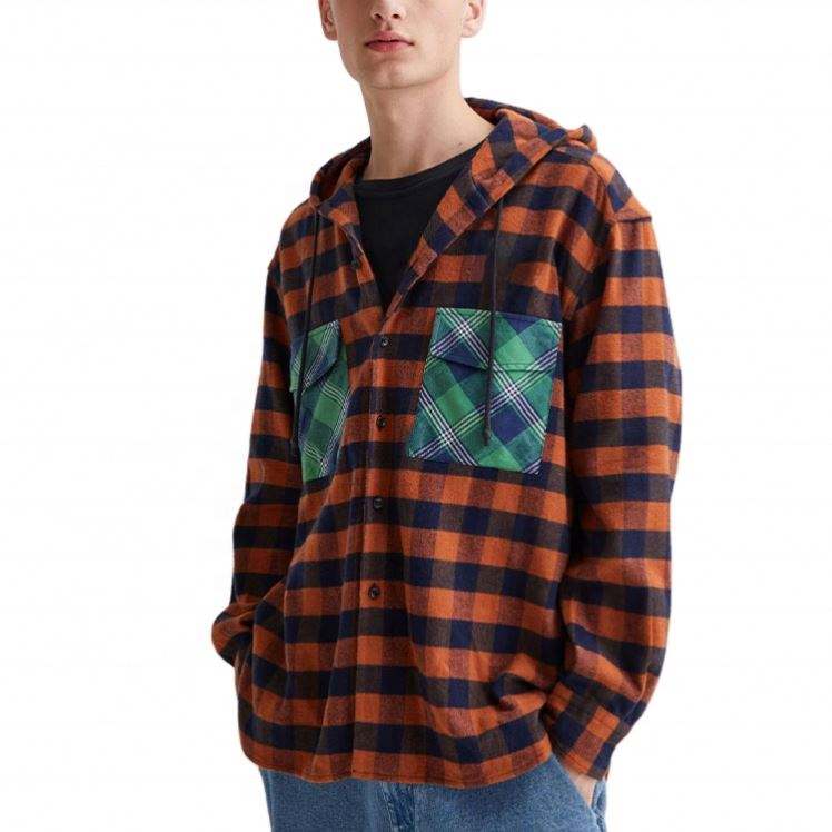 ຜູ້ຜະລິດ OEM Custom Men Hood Cotton Button Up Plaid Checked Pattern Long Sleeve Shirt With Chest Pockets