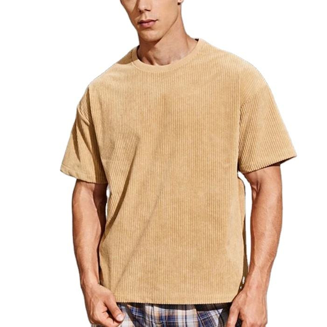 T-shirt in velluto a coste a coste tinta unita da uomo personalizzata di alta qualit&agrave; a maniche corte di nuovo design OEM