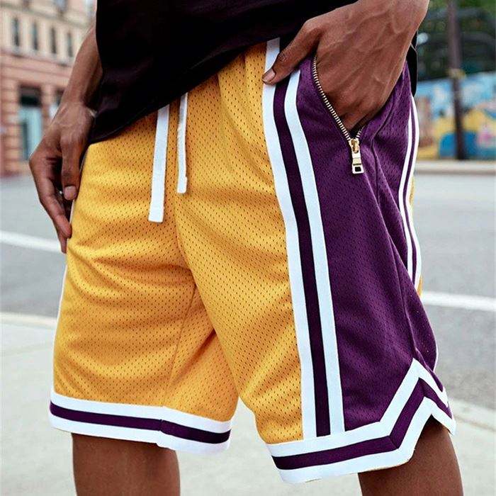 Korkealaatuiset Oem Sportswear -koripalloshortsit Custom Color Block -raidalliset koristeet Miesten verkkoshortsit vetoketjutaskulla