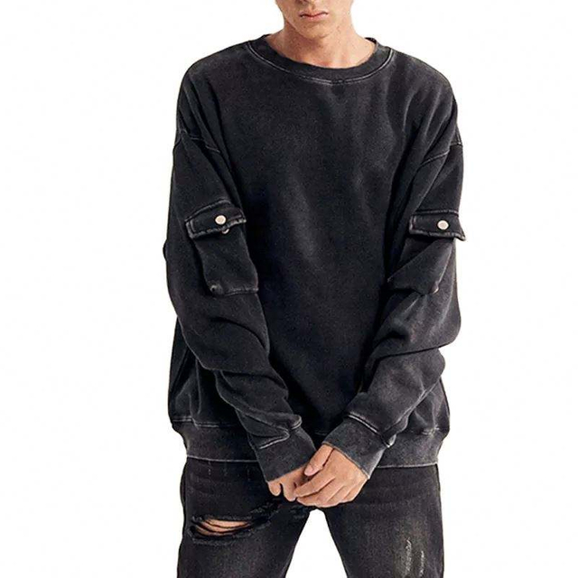 تصنيع المعدات الأصلية الصانع مخصص جيب كم جودة عالية الوزن الثقيل 100٪ قطن Crewneck غسل خمر البلوز ملابس رجالية