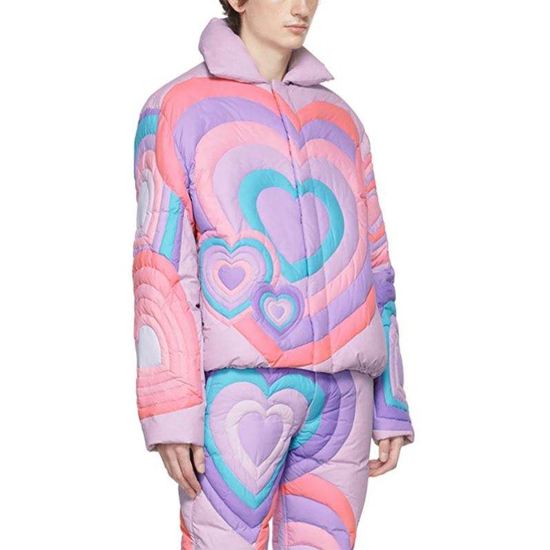 Chaqueta de plum&oacute;n p&uacute;rpura oculta con dise&ntilde;o de patr&oacute;n de coraz&oacute;n y cremallera oculta de manga larga de invierno personalizado de fabricante OEM