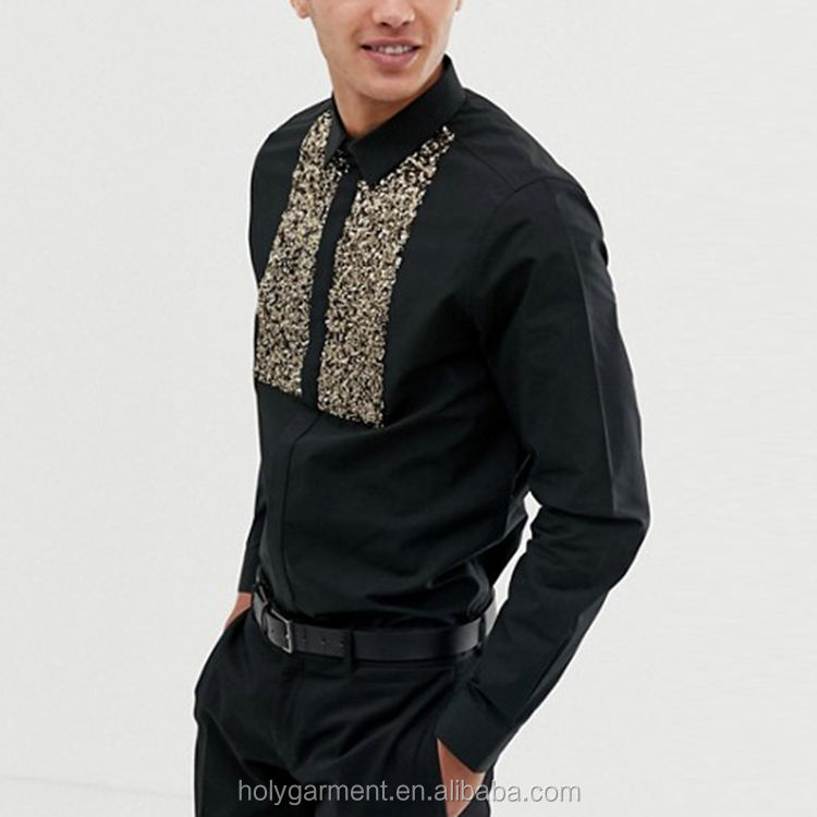 OEM Κατασκευαστής Sublimation Custom Shirts Contrast Sequins Μαύρο ανδρικό μακρυμάνικο πουκάμισο