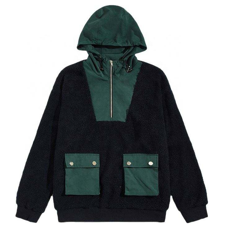 ຜູ້ຜະລິດ OEM Custom Men's Clothing Fleece Cotton Half Zipper Patchwork Hoodies Pullover Sweatshirt With Big Cargo Pockets