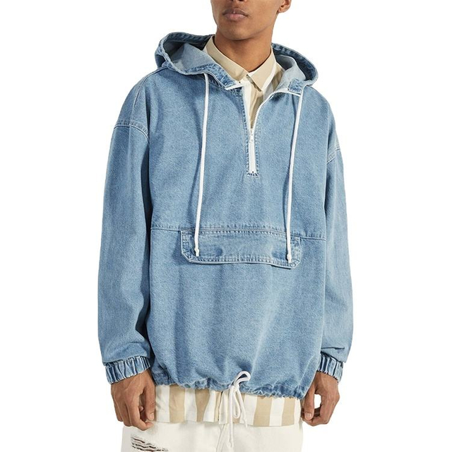 T&uacute;i denim m&agrave;u xanh nhạt t&ugrave;y chỉnh T&uacute;i &aacute;o kho&aacute;c chui đầu qu&aacute; khổ &Aacute;o hoodie nam