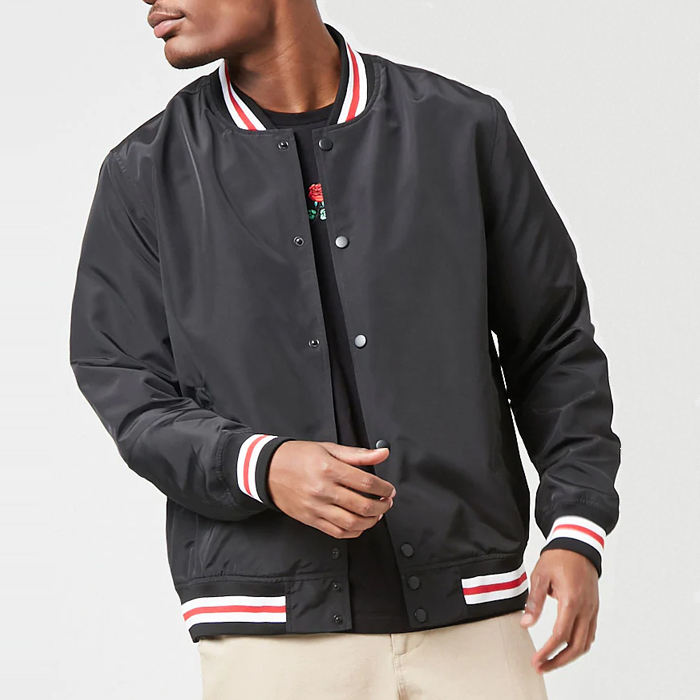 P&aacute;nsk&eacute; čern&eacute; bundy typu Bomber s designem vlastn&iacute;ho loga Crew Neck Varsity Striped Trim