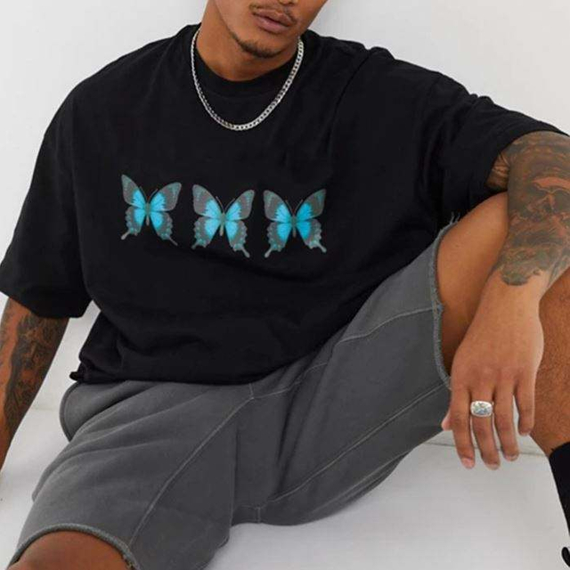 Partihandel Streetwear Black Butterfly Printed T-shirt Kort&auml;rmad Herr 100 % bomull Print On Demand T-shirt