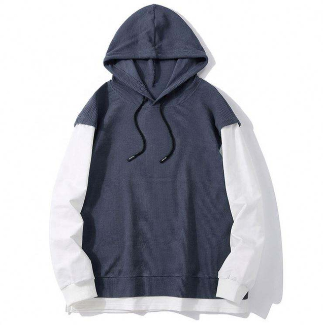 OEM メーカーのメンズ カジュアル ソリッド カラー パーカー偽 2 枚のパッチワーク長袖服