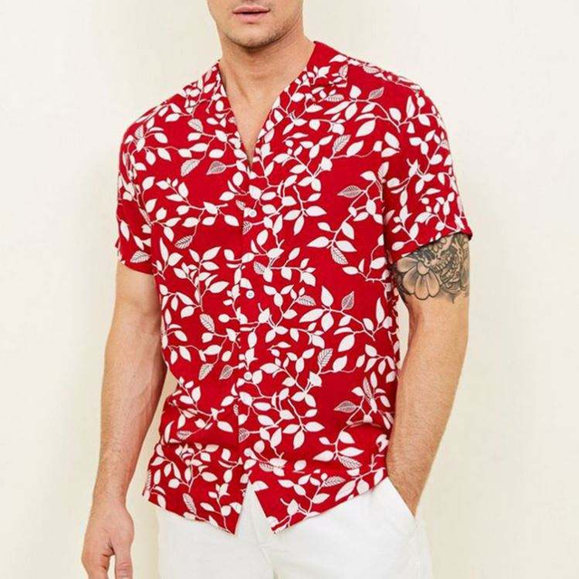 OEM-fabrikant Casual Hawaiiaans herenshirt met rode bladprint en korte mouwen