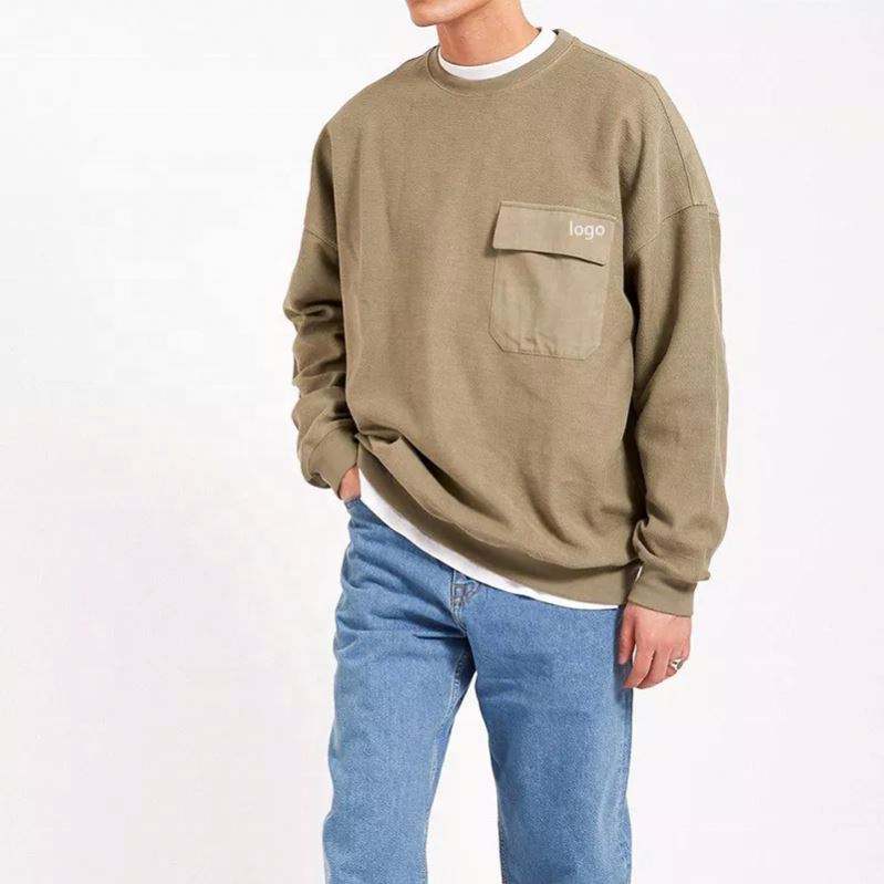 OEM Manufacturer Wholesale 100% Cotton Solid Color Patchwork Pocket Pullover Heavyweight Crewneck Sweatshirt