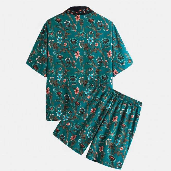 OEM-Hersteller ma&szlig;geschneidertes d&uuml;nnes Herrenbekleidungsset mit Stranddruck, Strickjackenhemden und Shorts, l&auml;ssiges Herren-Shorts-Set