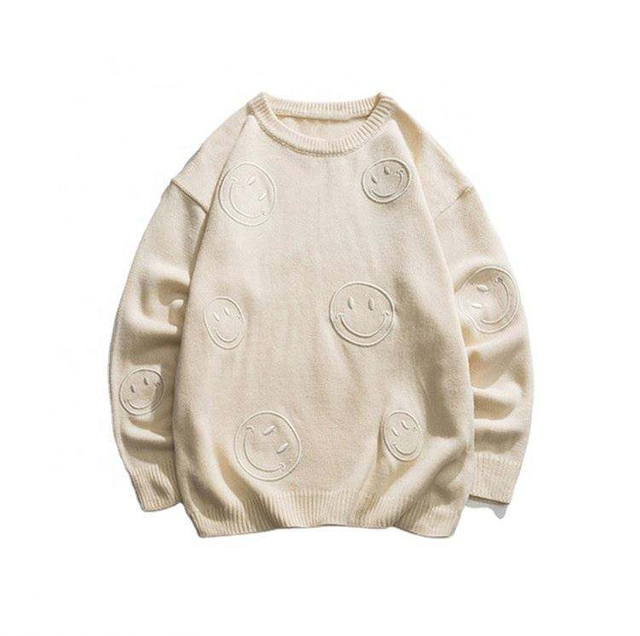 OEM Manufacturer Custom homines Pullover Sweater Solidus Color Smiley Face picta circum collum Sweater
