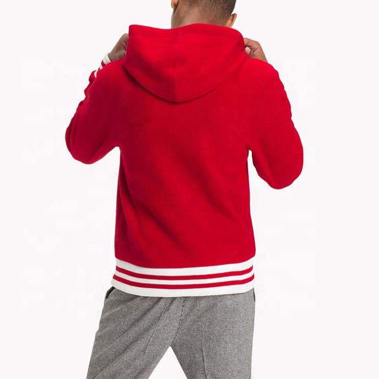 OEM производител на едро, мъжко персонализирано лого, червен половин цип с оребрени ивици, празни суичъри с качулка