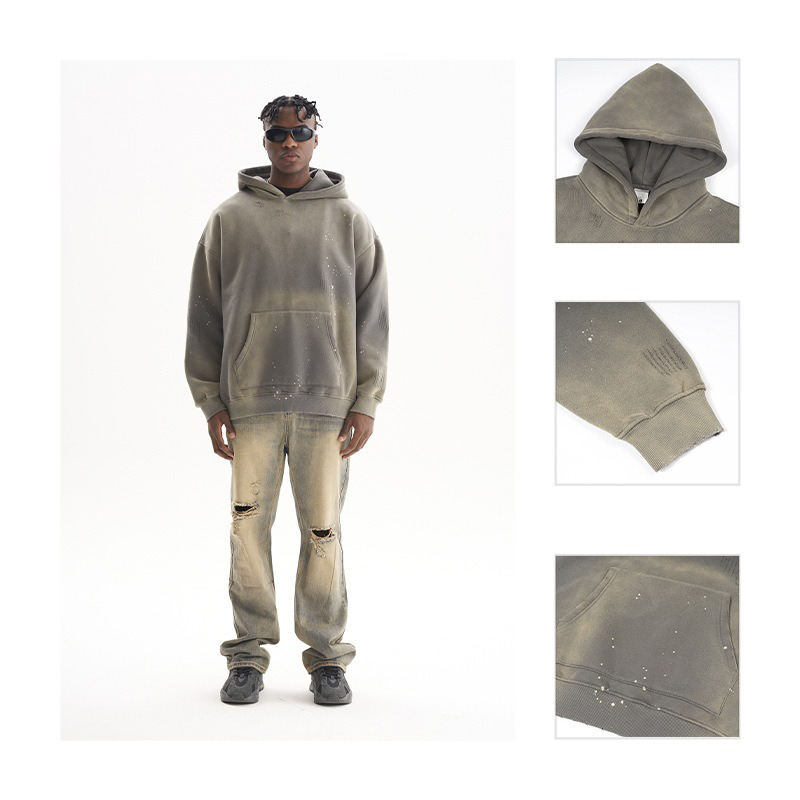 Conjunto de pantalones deportivos y sudadera con capucha con logotipo personalizado rociado con mono pesado desgastado con lavado &aacute;cido vintage de 360 ​​​​gsm