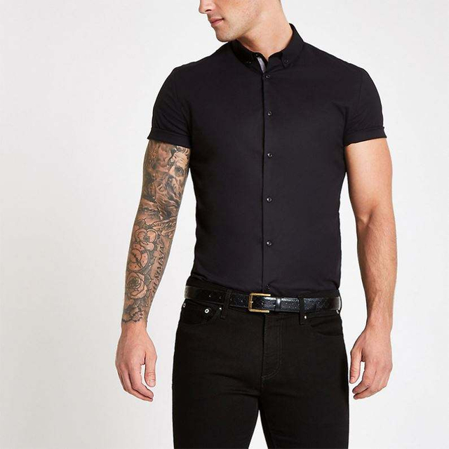 Pembuat OEM Borong Baju Pakaian Lelaki Poplin Hitam Baju Fit Otot Kolar Grandad