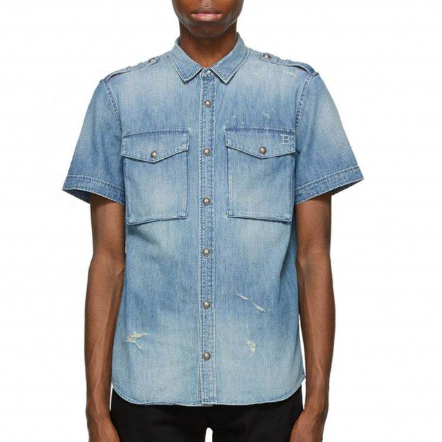 OEM メーカーサービス半袖ブルーディストレストデニムメンズジーンズシャツ