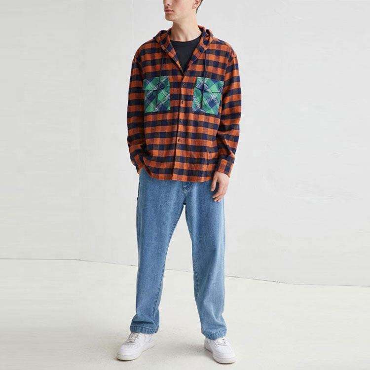 ຜູ້ຜະລິດ OEM Custom Men Hood Cotton Button Up Plaid Checked Pattern Long Sleeve Shirt With Chest Pockets