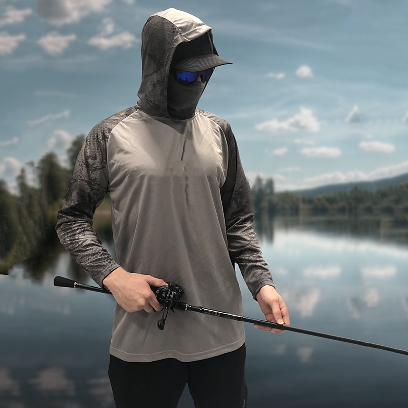 ไมโครไฟเบอร์ประสิทธิภาพโพลีเอสเตอร์แห้งเร็วหน้ากากป้องกันแขนยาวเสื้อมีฮู้ดตกปลา