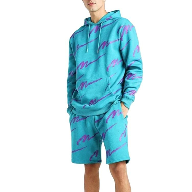 Hoge kwaliteit heren hoodieshort met all-over print, set van katoenen French Terry trainingspak