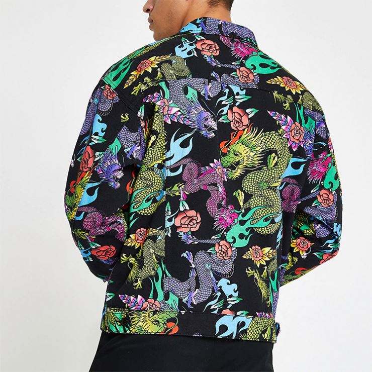 Venda quente jaqueta personalizada masculina drag&atilde;o padr&atilde;o impress&atilde;o remendo bolsos bot&otilde;es frente de alta qualidade jaqueta bomber masculina