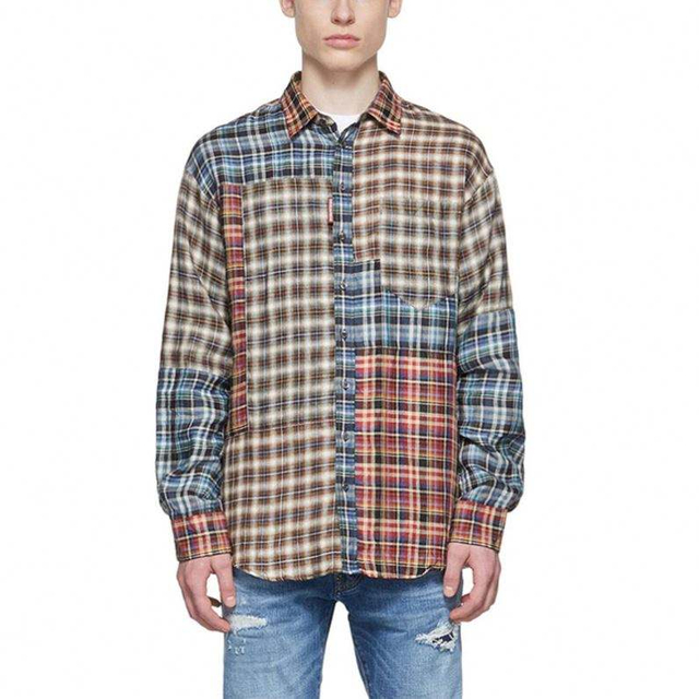 OEM-producent h&oslash;jkvalitets lang&aelig;rmet firkantet krave patch lomme flerfarvet patchwork linned plaid skjorte