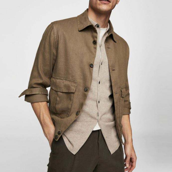 Chaqueta con cuello cl&aacute;sico de mezcla de lino con dise&ntilde;o de logotipo personalizado, manga larga con pu&ntilde;os abotonados, bolsillos, chaquetas para hombre