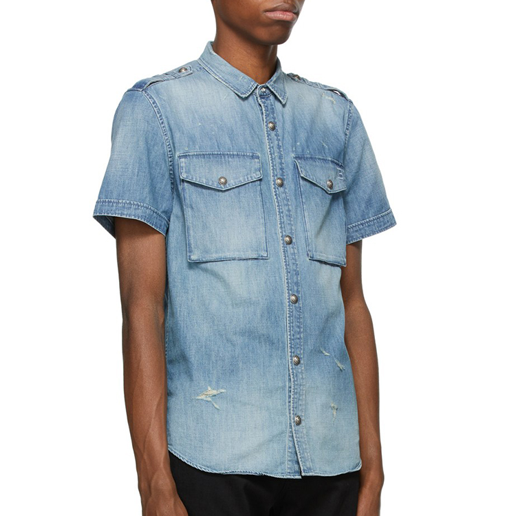 OEM Fabrikant Service Blauw Distressed Denim Heren Jean-shirt met korte mouwen