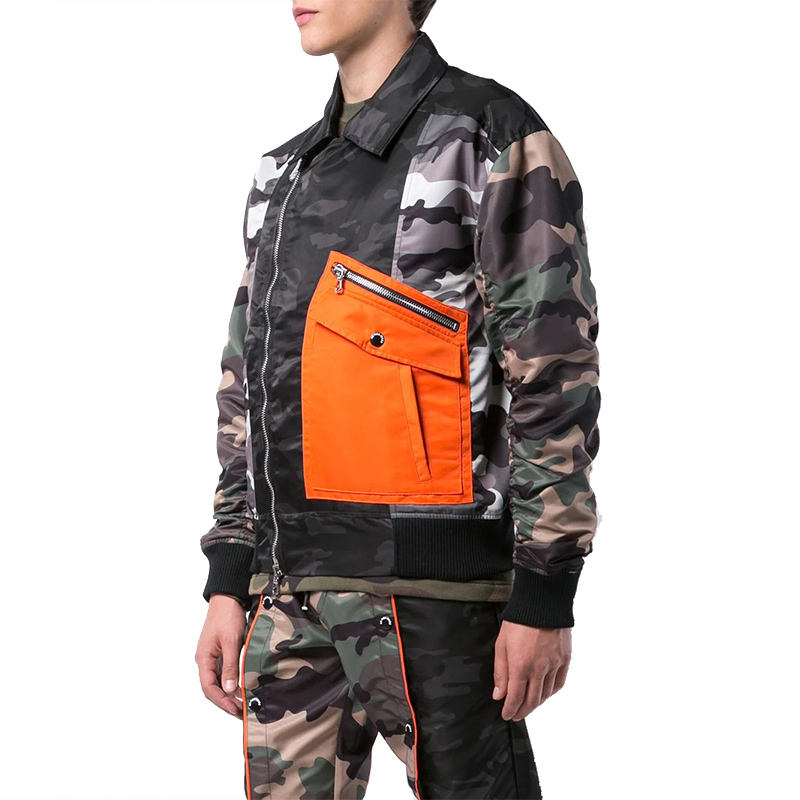 ຜູ້ຜະລິດ OEM Custom Men's Coat High Quality Long Sleeve Turn-Down Collar Zipper Patchwork Sport Camouflage Jacket
