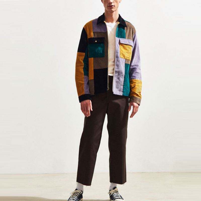 Hot Selling Windbreaker Jakke Herret&oslash;j Farve Blokeret Corduroy Zip Up Shirt Jakker