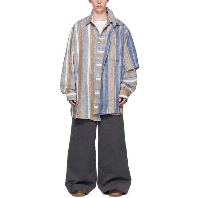OEM-fabrikant Hoge kwaliteit op maat gemaakte herenblouse met vierkante kraag, gelaagd ontwerp, oversized linnen keperstof, geruit overhemd met lange mouwen