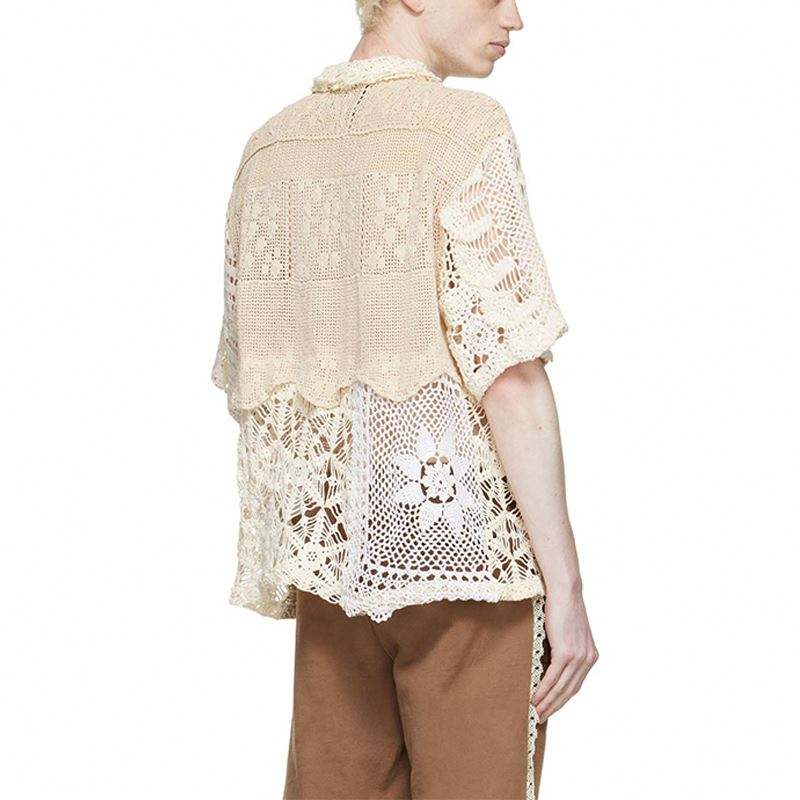 Fabricante OEM, blusa de verano personalizada, moda Beige, manga corta, cuello cuadrado, camisa de algod&oacute;n de ganchillo ahuecada para hombres