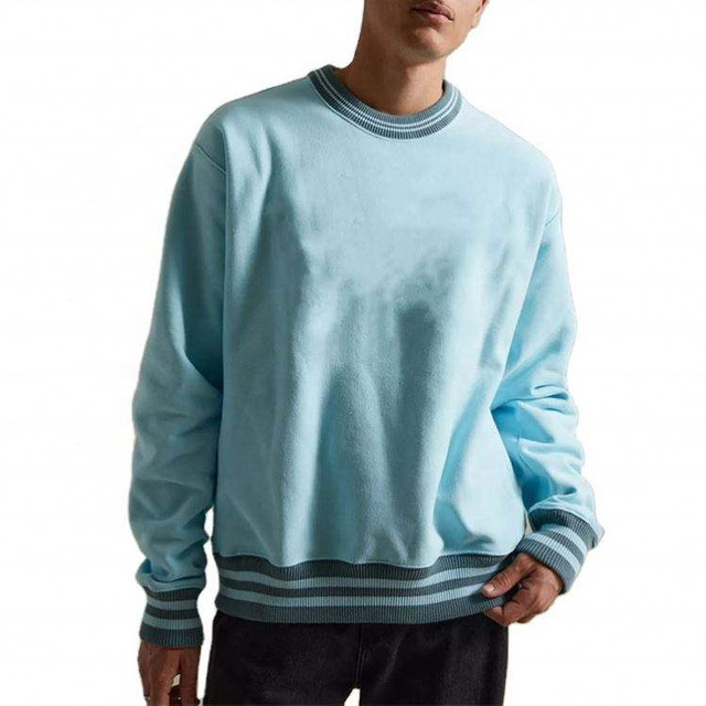 OEM-Hersteller kundenspezifisches Herren-Sweatshirt mit Rundhalsausschnitt, gestreifte, gerippte Manschetten, unterer Kragen, einfarbige Baumwoll-Sweatshirts f&uuml;r Herren