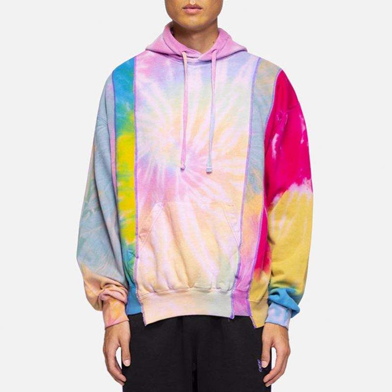 OEM Tillverkare Anpassad Herr L&aring;ng&auml;rmad tr&ouml;ja Pullover Dragsko Plus Size Personlighet F&auml;rgglada Patchwork Tie Dye Hoodies
