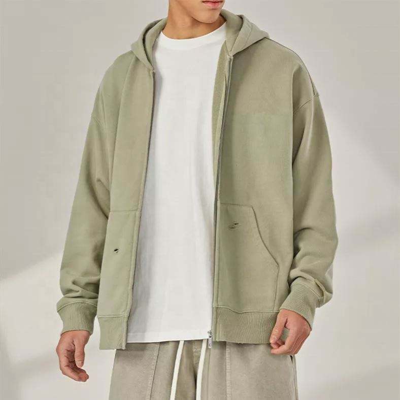 ผู้ผลิต OEM กำหนดเองคุณภาพสูง 100% Cotton French Terry Zip Up Hoodie บุรุษเสื้อกันหนาวหมวกขนาดใหญ่ด้อยคุณภาพ