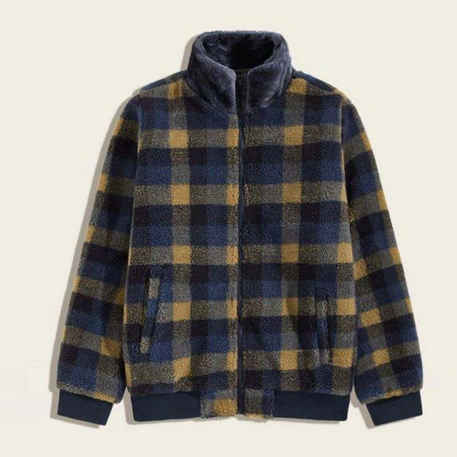 Multicolor Front Zipper Faux Fur Jacket ແຂນຍາວ Funnel Neck Plaid Fleece Men Jackets ລະດູຫນາວ
