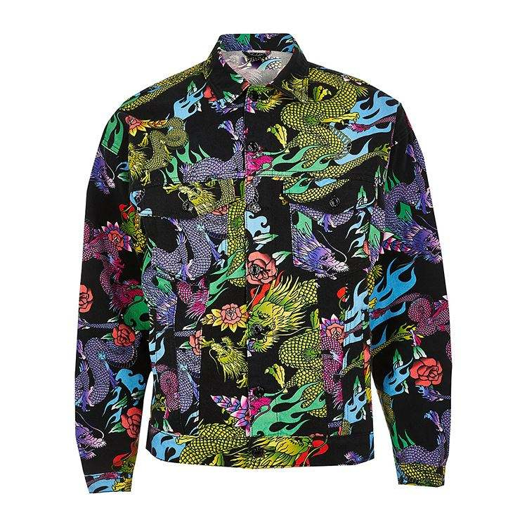 Venda quente jaqueta personalizada masculina drag&atilde;o padr&atilde;o impress&atilde;o remendo bolsos bot&otilde;es frente de alta qualidade jaqueta bomber masculina