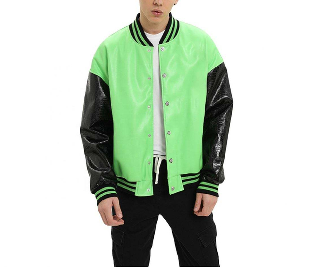 Jaqueta de beisebol bomber de couro sint&eacute;tico com bloco colorido masculino personalizado do fabricante OEM