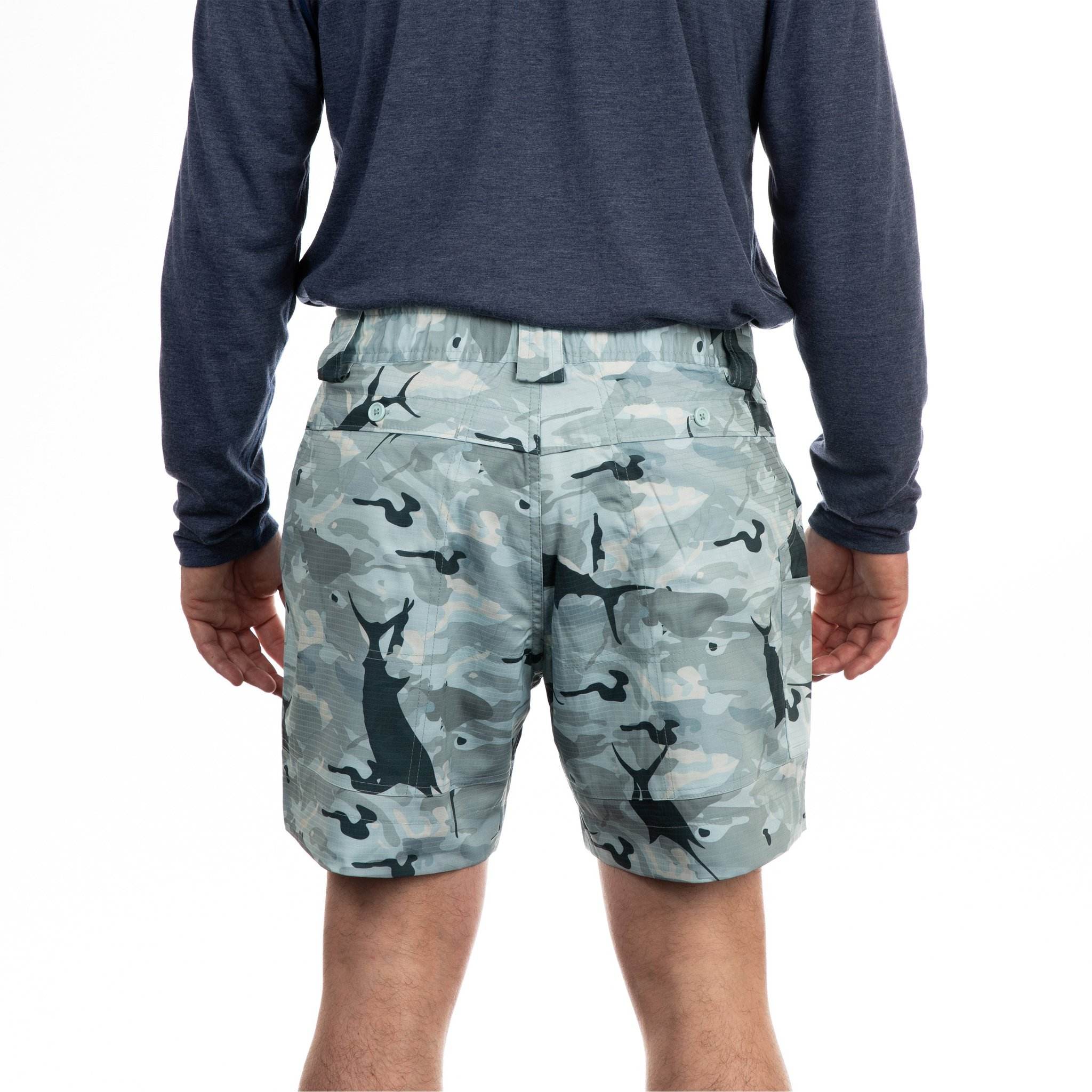 OEM-Hersteller, individuelles Logo, 95 % Polyester, 5 % Elastan, Camo, schnell trocknende Herren-Angelshorts