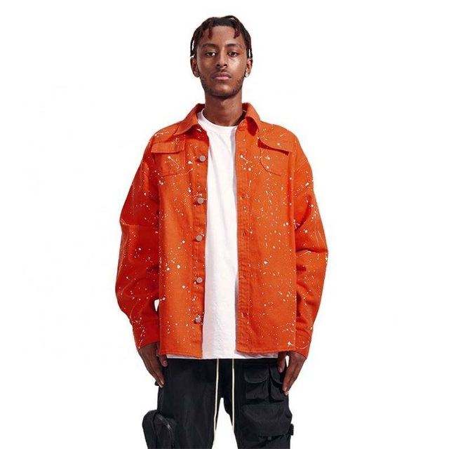Veste en jean en coton pour hommes, fabricant OEM, vente en gros de haute qualit&eacute;, Design Splash Ink, Logo personnalis&eacute; brod&eacute;, veste en jean