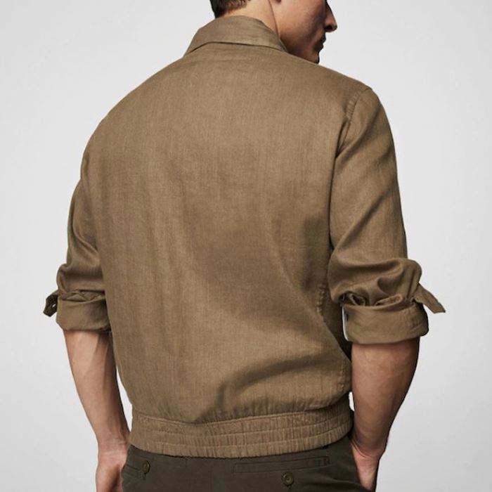 Chaqueta con cuello cl&aacute;sico de mezcla de lino con dise&ntilde;o de logotipo personalizado, manga larga con pu&ntilde;os abotonados, bolsillos, chaquetas para hombre
