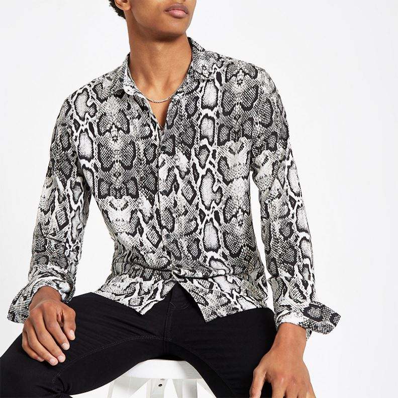 Camicie produttore OEM per uomo Camicia hawaiana Camicia a maniche lunghe con stampa serpente grigio