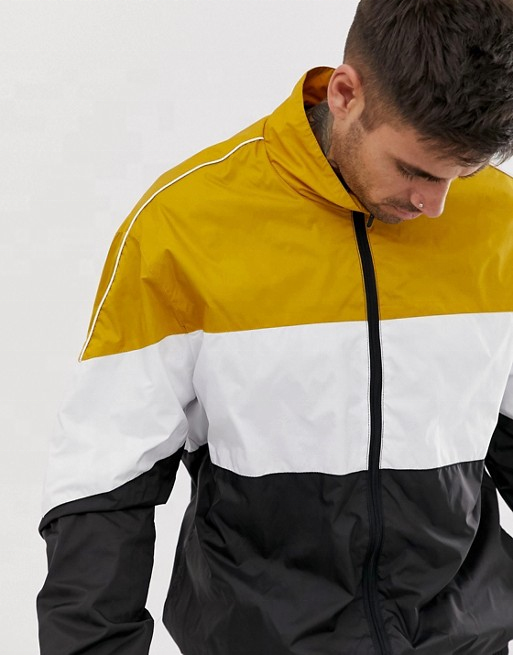 Pengeluar OEM Berkualiti Tinggi 100% Poliester Kuning/Hitam/Hitam Zipper Custom Murah Splice Summer Mens Jaket