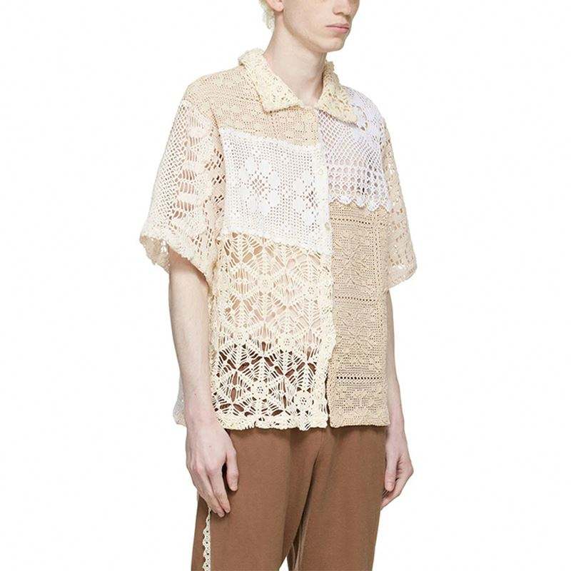 Fabricante OEM, blusa de verano personalizada, moda Beige, manga corta, cuello cuadrado, camisa de algod&oacute;n de ganchillo ahuecada para hombres