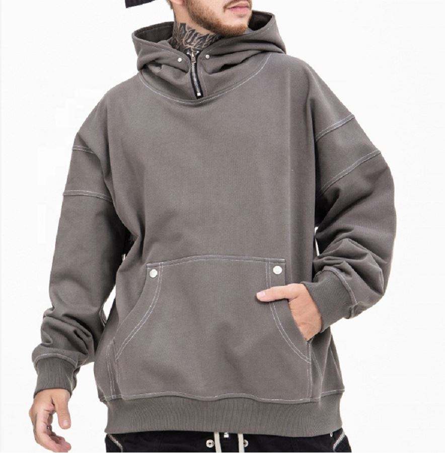 Pengilang OEM Custom Vintage Wash Cotton Zip Hood Bersaiz Besar Plain Hoodie Dengan Jahitan Kontras Untuk Lelaki