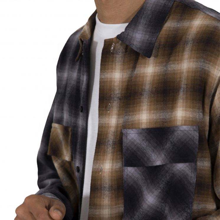 OEM メーカーカスタムリラックスフィットツートンカラーブロック長袖ビッグチェック柄チェックフランネルシャツ男性用