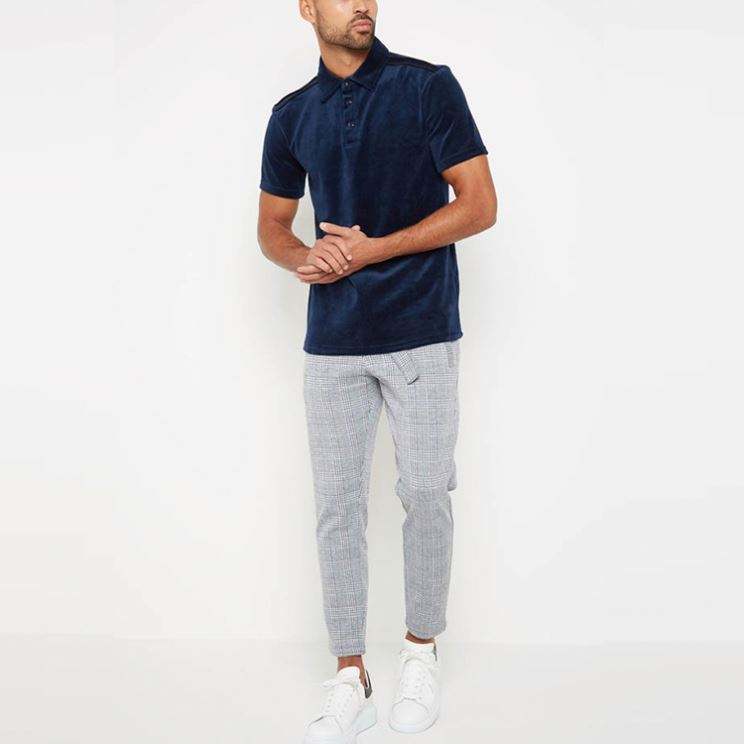 T-shirt in velluto blu scuro con logo ricamato personalizzato con palangari in velluto e polo Guangzhou
