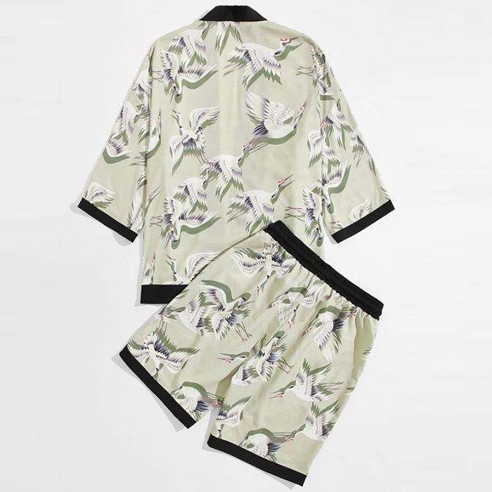 Zomermode shorts heren kraanprint contrast bindende kimono shorts heren tweedelige shorts set