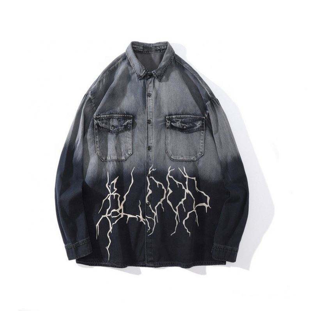 Oem ထုတ်လုပ်သူ စိတ်ကြိုက် Street Lightning Print Gradient Pattern Loose Plus Sizes Denim Jacket